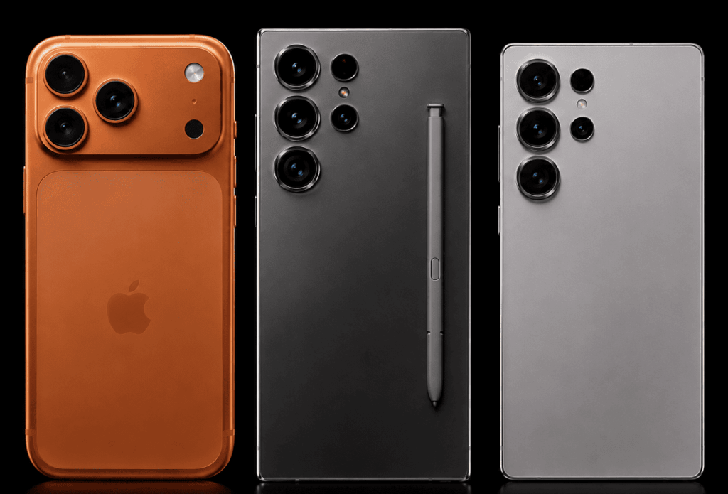 Ranking dos melhores celulares de 2026 com iPhone 17 Pro Max, Samsung Galaxy S26 Ultra e Samsung Galaxy S25 Ultra posicionados lado a lado em fundo preto.